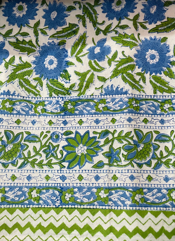 Blue and Green Flower Block Print Round Tablecloth
