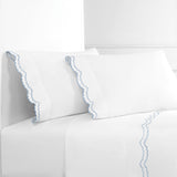 Double Scallop Embroidered Cotton Percale Sheet Set: Navy/White / Queen