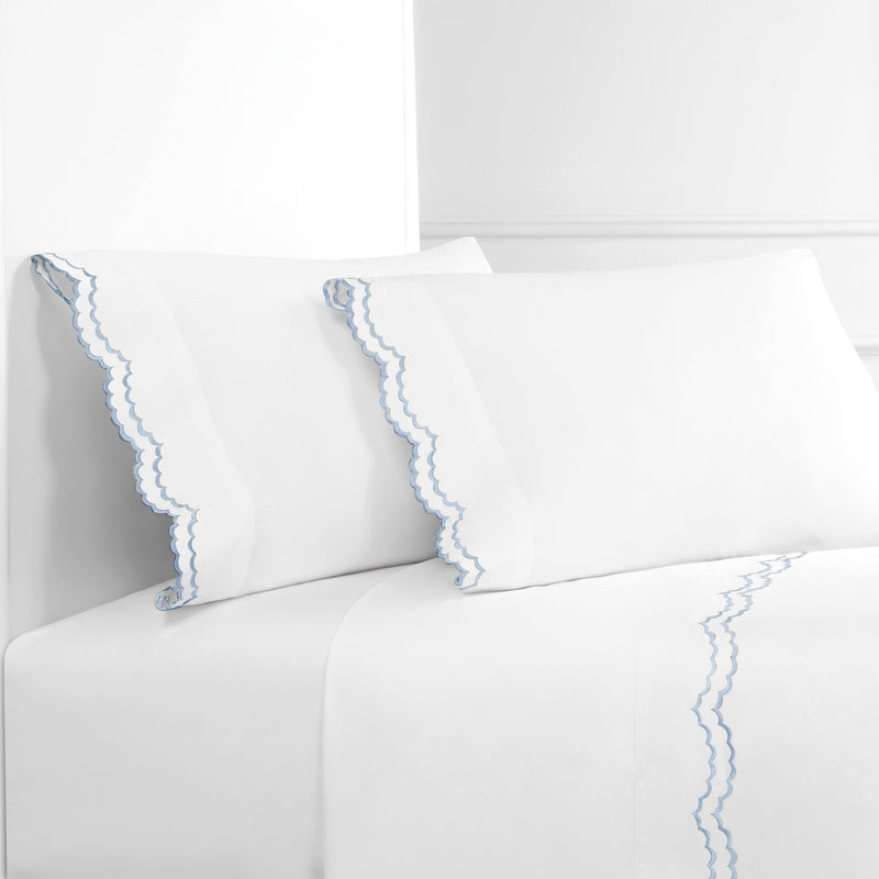 Double Scallop Embroidered Cotton Percale Sheet Set: Navy/White / Queen