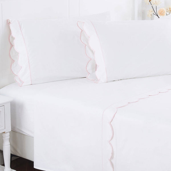 Scallop Frame Embroidered Cotton Percale Sheet Set: White / Queen