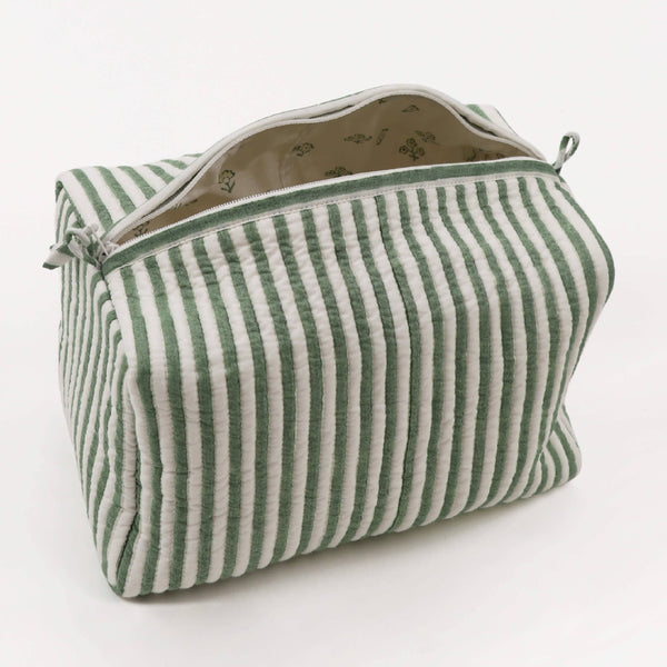 Green Stripe Block Printed Large Cosmetic Bag