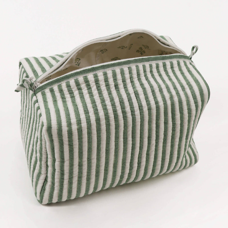Green Stripe Block Printed Large Cosmetic Bag