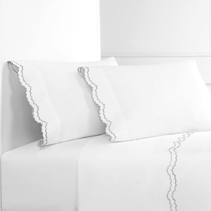 Double Scallop Embroidered Cotton Percale Sheet Set: Navy/White / Queen