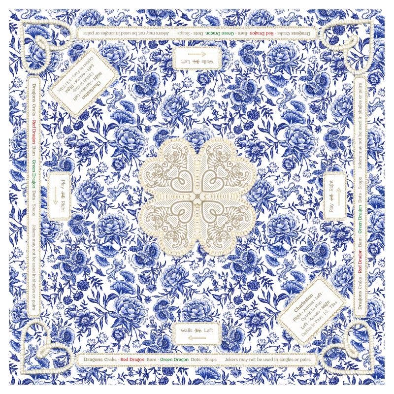 Mahjong Gaming Mat - Chinoiserie Bleu Rules Edition