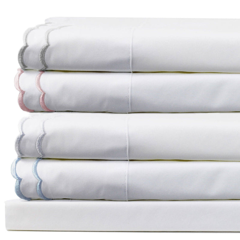 Double Scallop Embroidered Cotton Percale Sheet Set: Navy/White / Queen