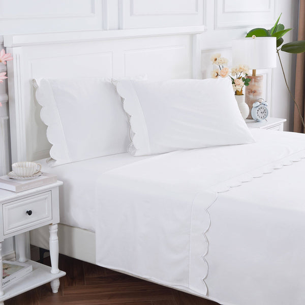 Scallop Frame Embroidered Cotton Percale Sheet Set: White / Queen