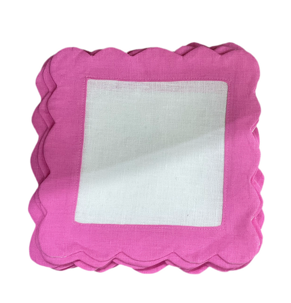 Scalloped Linen Cocktail Napkins Set of 4 Hot Pink