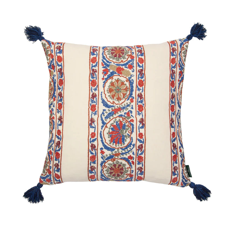 Sintra Stripe Red Blue and Gobi Blue Cushion with Blue Tassels