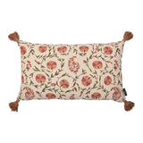 Carnation Flower and Ticking Stripe Ginger Cushion with Pink and Yellow Tassels