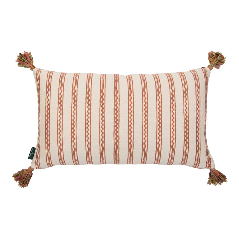 Carnation Flower and Ticking Stripe Ginger Cushion with Pink and Yellow Tassels