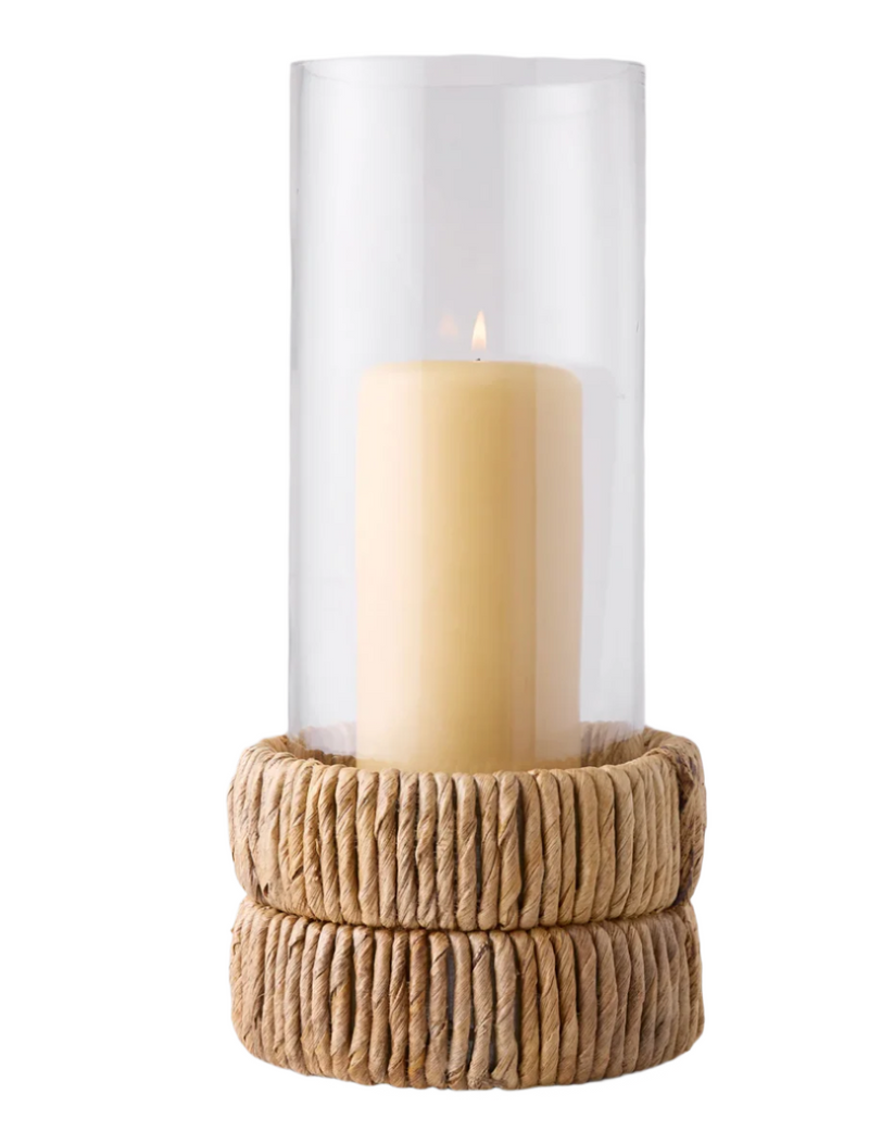 Small Glass Hurricane with Woven Banana Base