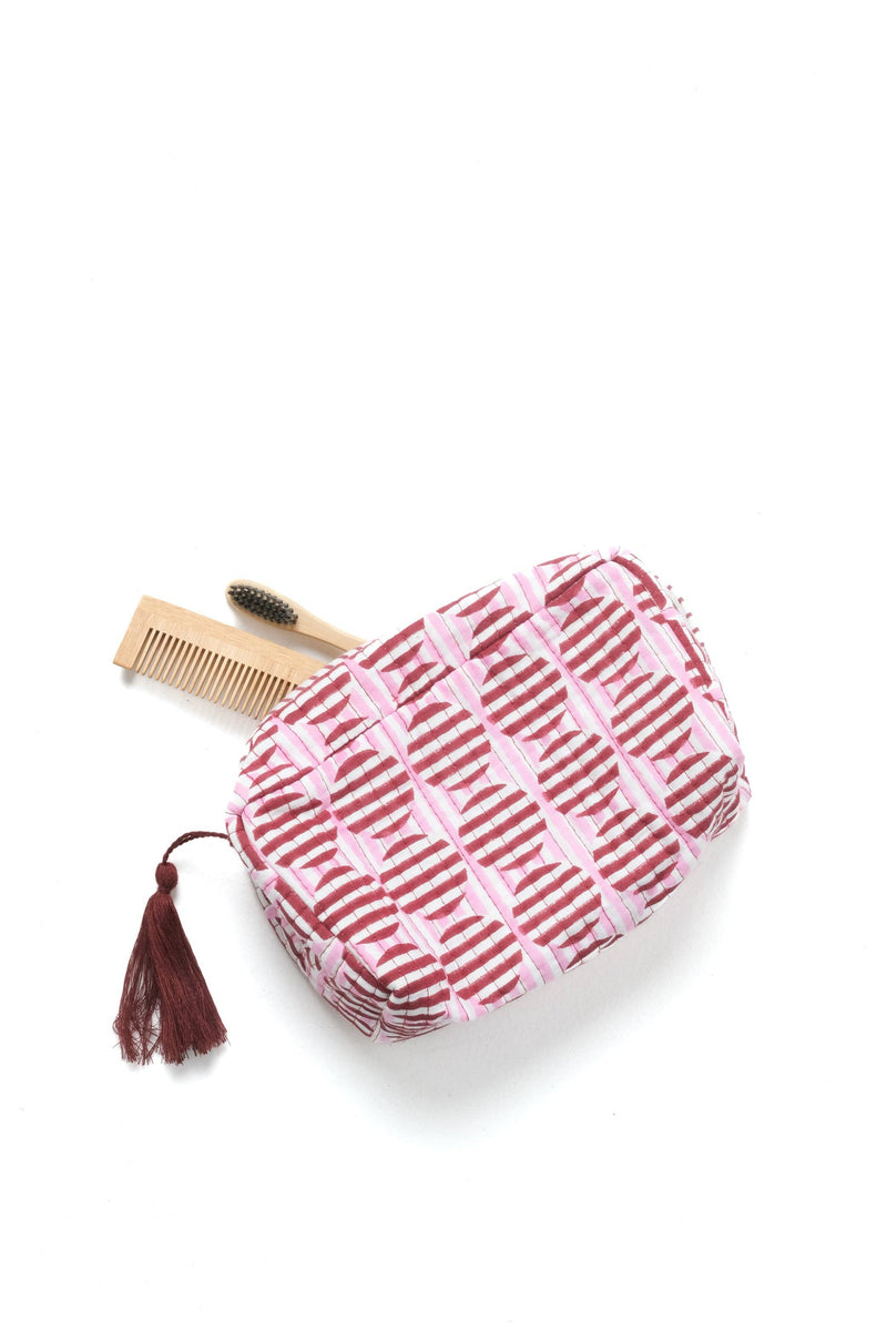 Striped Circles Blockprint Makeup Bag - Burgundy and Pink