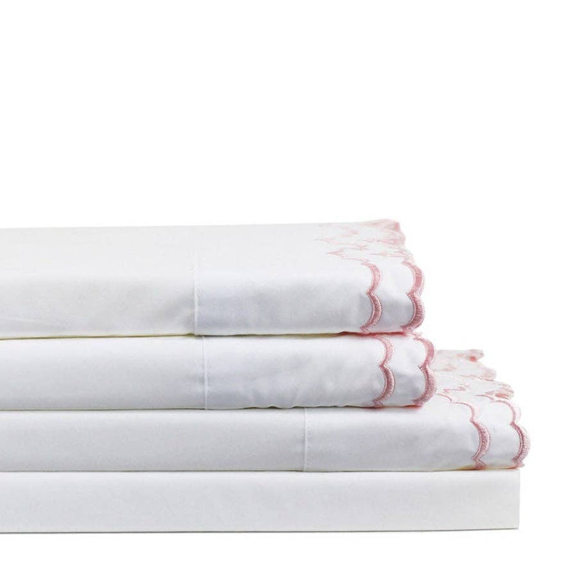 Double Scallop Embroidered Cotton Percale Sheet Set: Navy/White / Queen