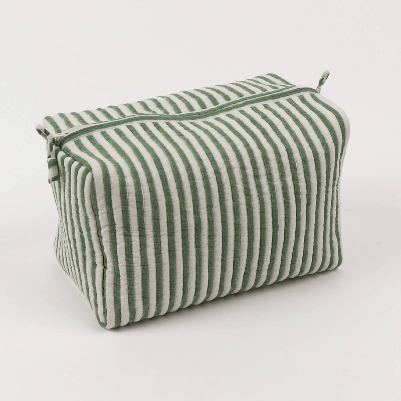 Green Stripe Block Printed Large Cosmetic Bag