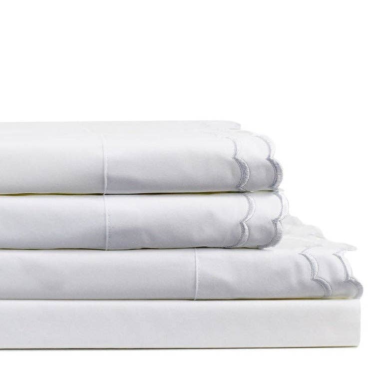 Double Scallop Embroidered Cotton Percale Sheet Set: Navy/White / Queen