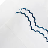 Double Scallop Embroidered Cotton Percale Sheet Set: Navy/White / Queen