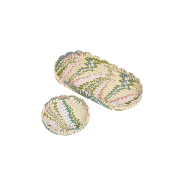 Marbled Round Scalloped Tray Set - Moss Mountain