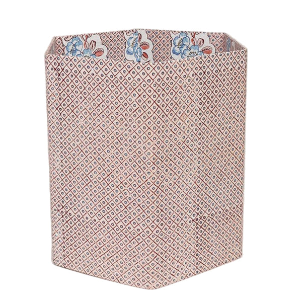 Pink & Blue Dot & Grid Block Printed Hexagon Collapsible Waste Basket