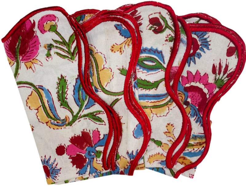 Multi Floral Vine Block Print  Napkins with Embroidered Edge (set of 4)
