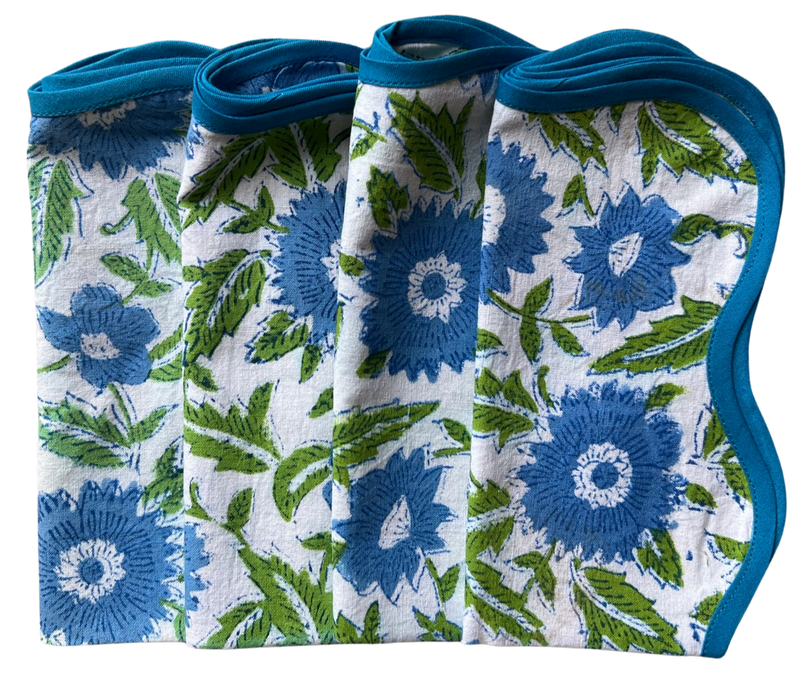 Blue and Green Flower Block Print Napkins (set of 4)