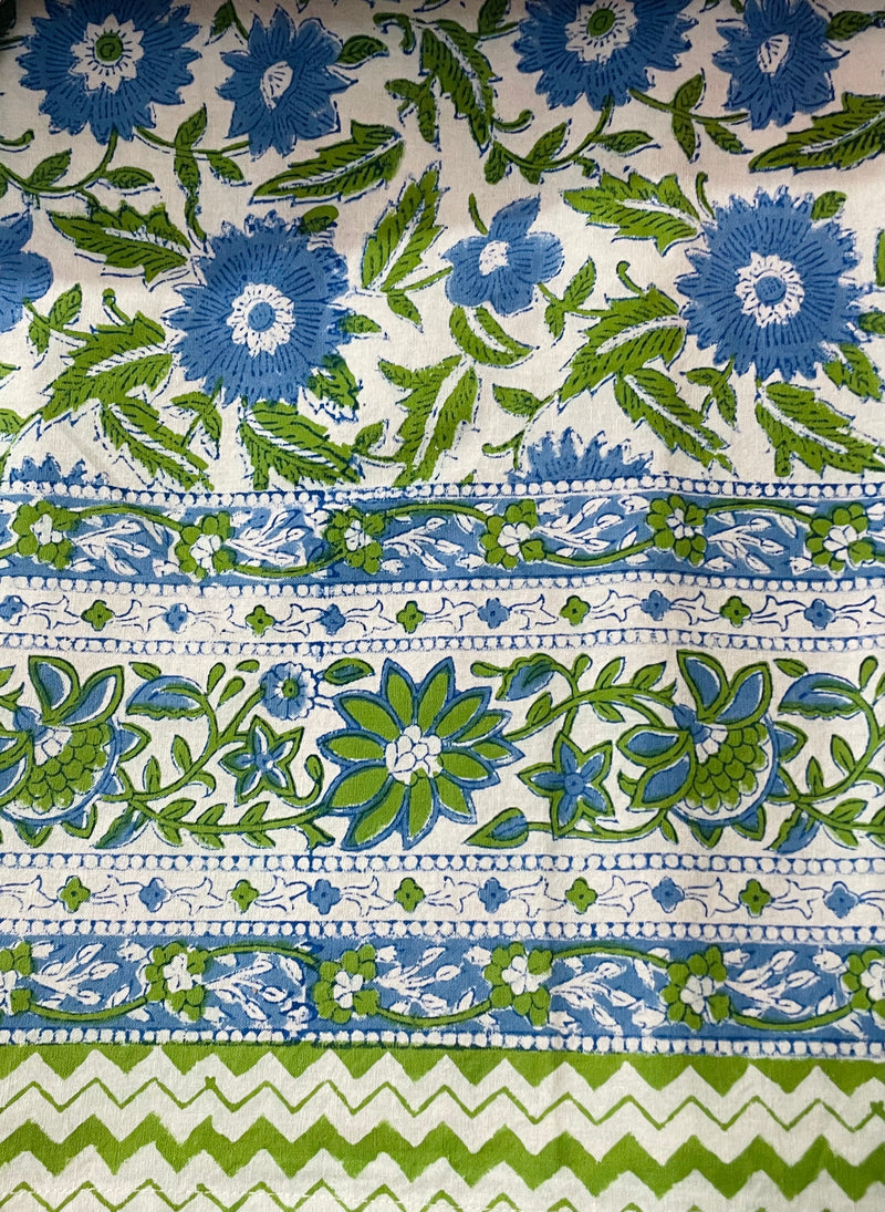 Blue and Green Flower Block Print Tablecloth
