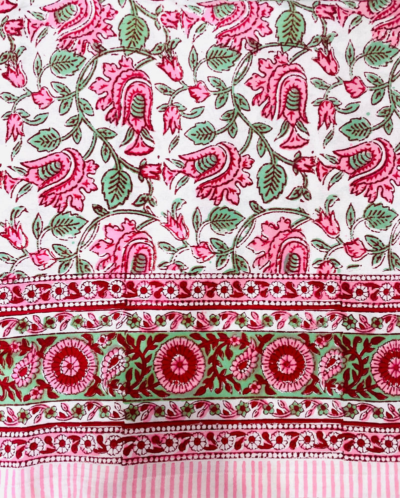 Pink and Green Floral Block Print Tablecloth