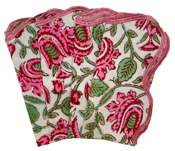 Pink and Green Floral Block Print  Napkins with Embroidered Edge (set of 4)