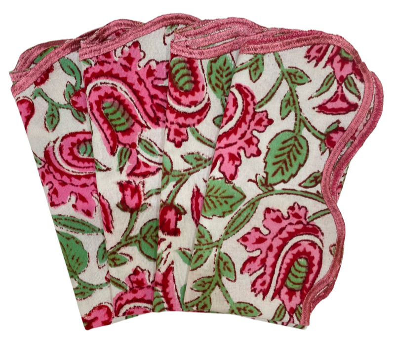 Pink and Green Floral Block Print  Napkins with Embroidered Edge (set of 4)