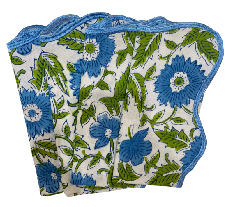 Blue and Green Flower Block Print  Napkins with Embroidered Edge (set of 4)