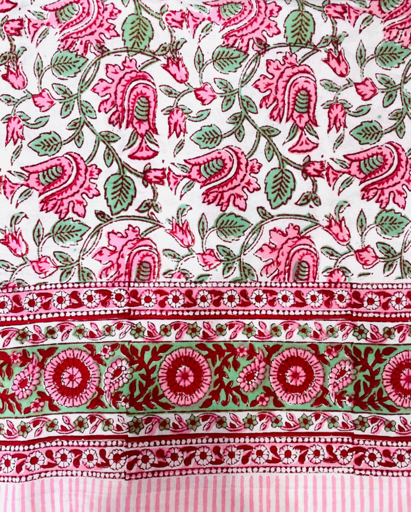 Pink and Green Floral Block Print Round Tablecloth